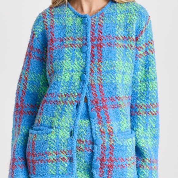 $250 Kitri Pandora Blue & Green Check Boucle Knit Cardigan Sweater Size Small - Picture 1 of 8